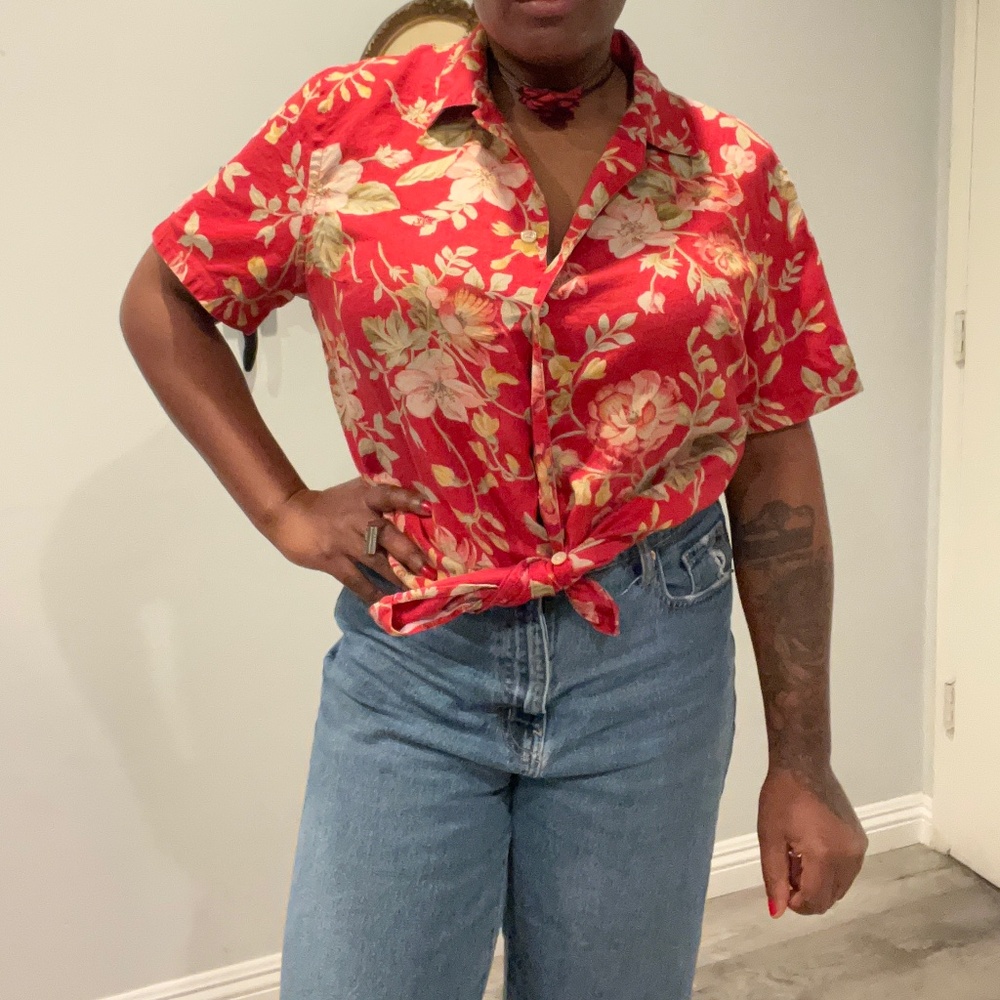 Lauren Ralph Lauren  Floral Linen Short- Sleeve Button Down